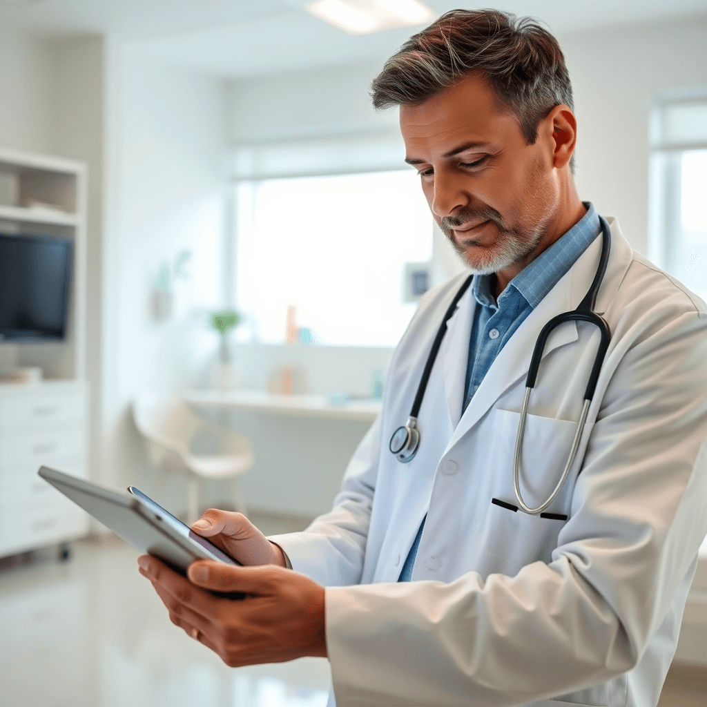 Médico revisando resultados digitales en una tablet