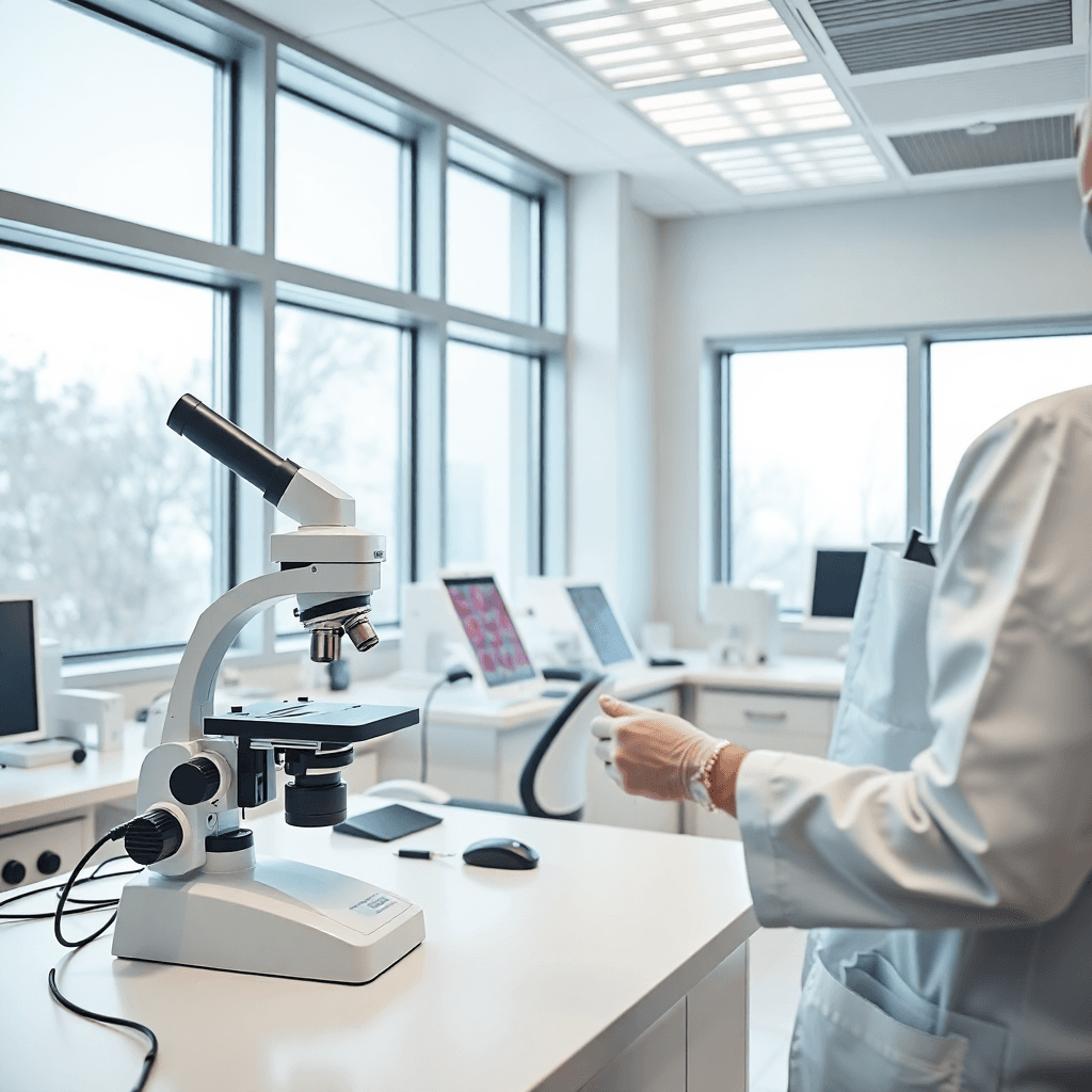 Laboratorio de anatomía patológica moderno con patólogo examinando muestras al microscopio